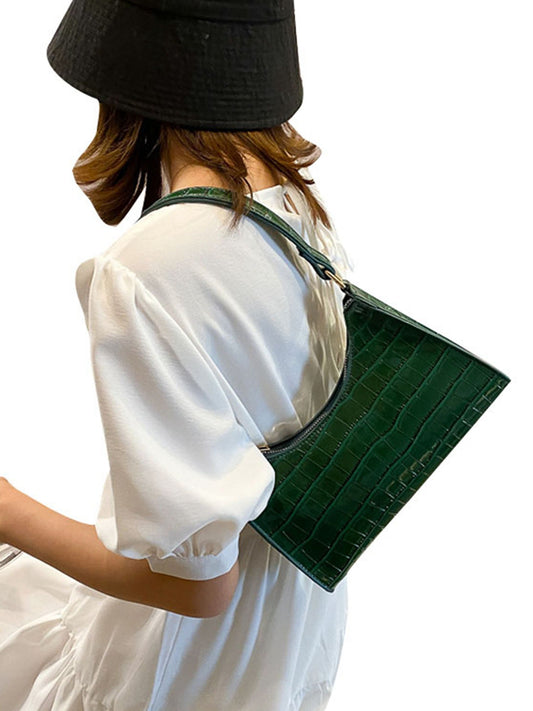 Women Retro Baguette Bag Tote Bag, Crocodile Shoulder Handbag Purses with Zipper Closure